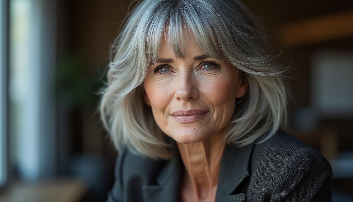 découvrez les tendances capillaires des célébrités avec la coupe mi-long dégradé effilé et frange, parfaite pour les femmes de 60 ans et plus. cette coiffure chic et moderne met en valeur votre personnalité tout en ajoutant un souffle de jeunesse à votre style.