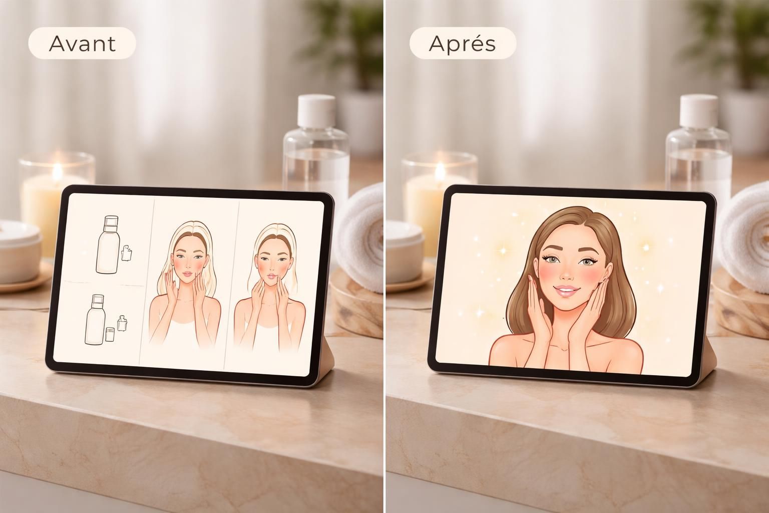 découvrez nos animations simples illustrant des routines beauté avant/après présentées sur tablette tactile pour un tutoriel interactif et facile à suivre.