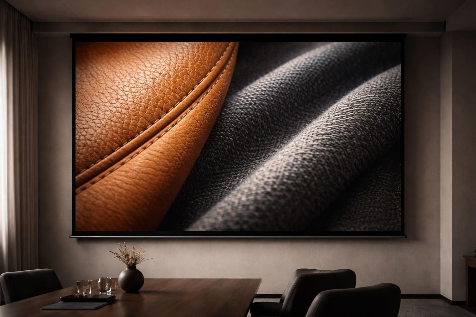 découvrez nos écrans de projection spécialement conçus pour sublimer les matières comme le macro cuir et le textile, offrant une qualité d'image exceptionnelle et une durabilité optimale.