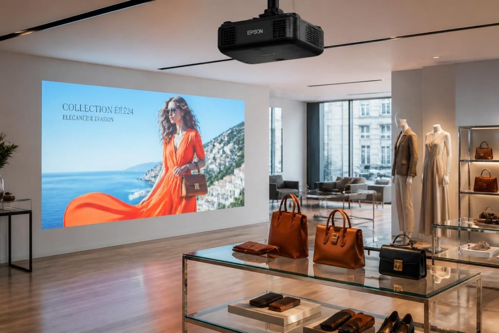 découvrez le showroom premium dédié aux vidéoprojecteurs epson, spécialement conçu pour sublimer les univers de la mode et de la maroquinerie avec des projections haute qualité.