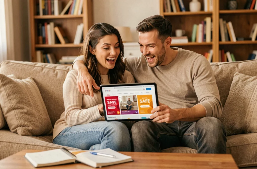 Deux amis consultant ensemble les promotions et dates des soldes 2026 sur une tablette dans un salon