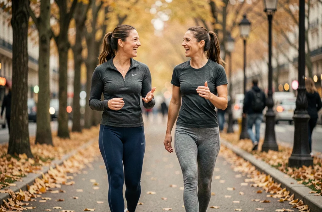 Deux femmes portant des leggings de sport Leonie and co bleu marine et gris chiné lors d'une promenade en ville en automne