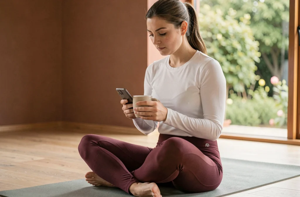 Femme lisant des avis sur son téléphone en portant un legging de sport bordeaux dans un studio yoga à domicile