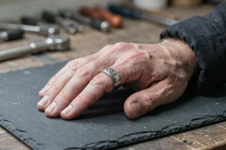 Chevalière en argent massif portée sur la main d'un homme posée sur une surface en ardoise sombre
