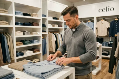 Client masculin examinant une chemise dans un magasin celio, illustrant l'expérience d'achat et les avis mitigés sur l'enseigne