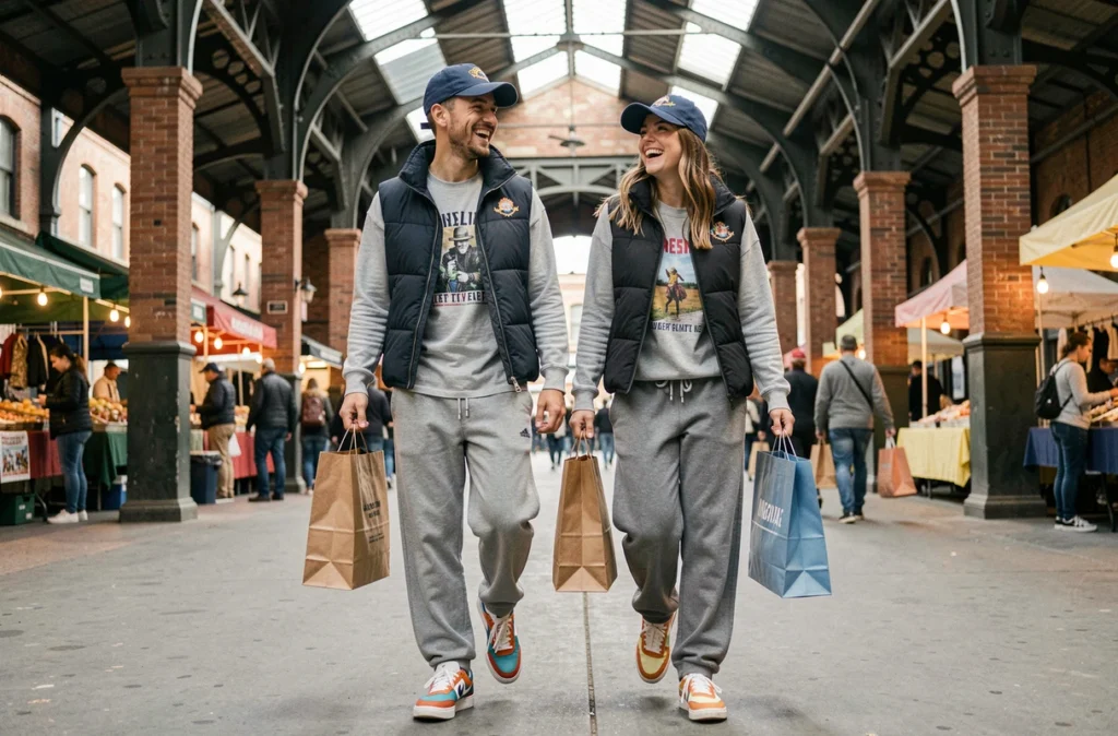 Deux amis en tenues streetwear coordonnées avec casquettes assorties marchant dans un marché couvert urbain