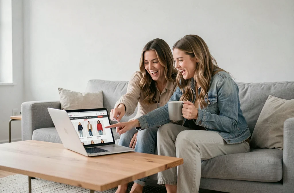 Deux femmes comparant des offres de ventes privées The Bradery sur un ordinateur portable dans un salon