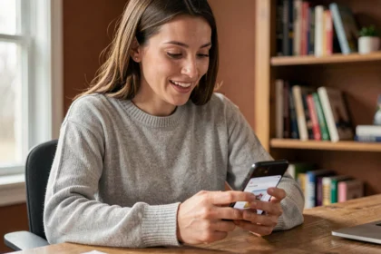 Femme consultant l'application The Bradery sur son smartphone pour ne pas rater une vente flash