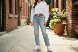 Jeune femme en jean et hoodie blanc portant des Nike Air Force 1 blanches dans un décor urbain tendance