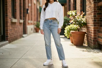 Jeune femme en jean et hoodie blanc portant des Nike Air Force 1 blanches dans un décor urbain tendance