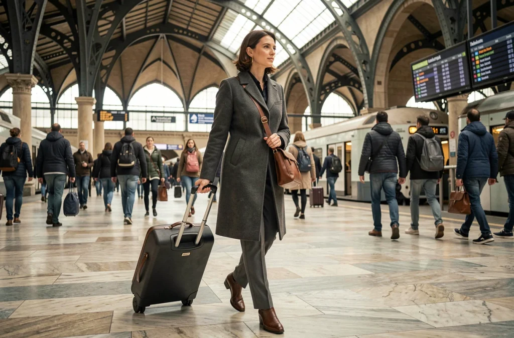 Femme élégante traversant une gare avec un sac bandoulière convertible adapté au travail et aux transports