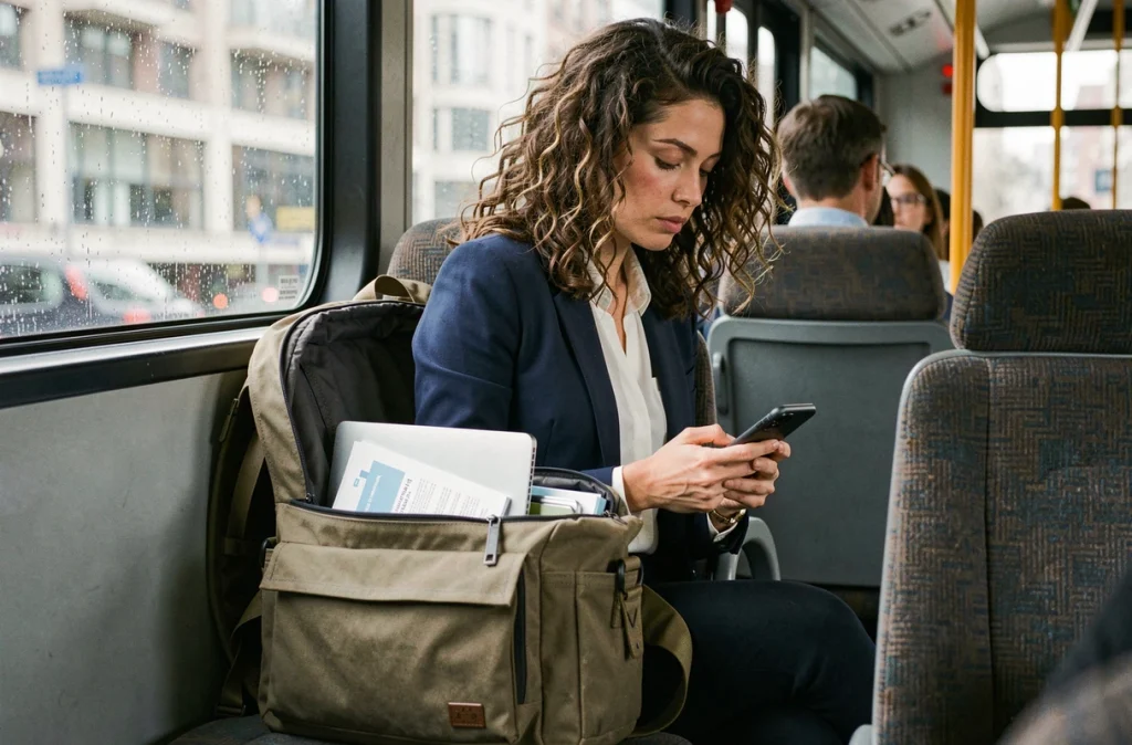 Femme assise dans le bus avec un grand sac à dos de travail pratique ouvert sur ses genoux