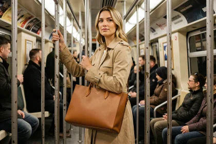Femme professionnelle tenant un sac en cuir structuré dans le métro parisien en tenue de travail