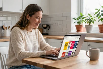 Femme consultant les dates des soldes 2026 sur un site marchand depuis son ordinateur portable à la maison