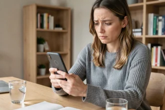 Femme utilisant l'application Seelpy sur smartphone avec une expression de frustration face à un bug de chargement