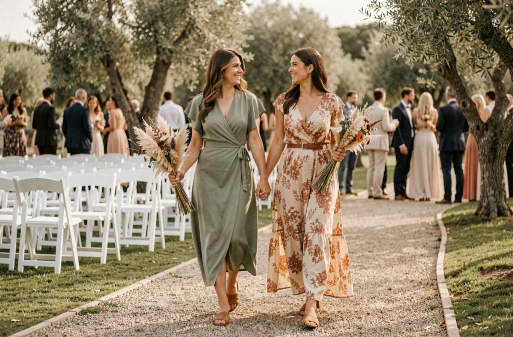Deux femmes invitées à un mariage champêtre bohème chic se promenant dans un jardin en robe longue verte et robe maxi imprimée