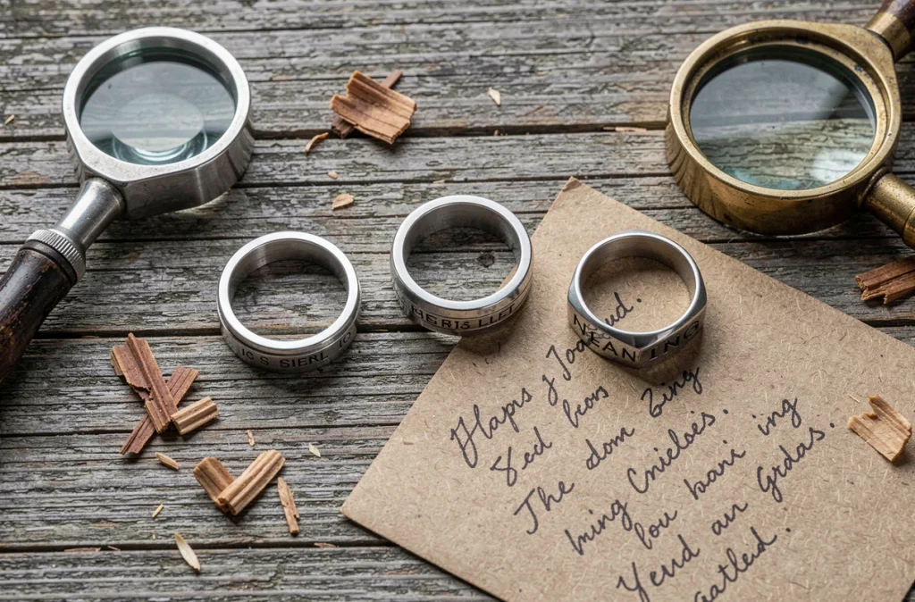 Flat lay de plusieurs chevalières en argent massif pour homme avec loupe et notes artisanales sur bois naturel