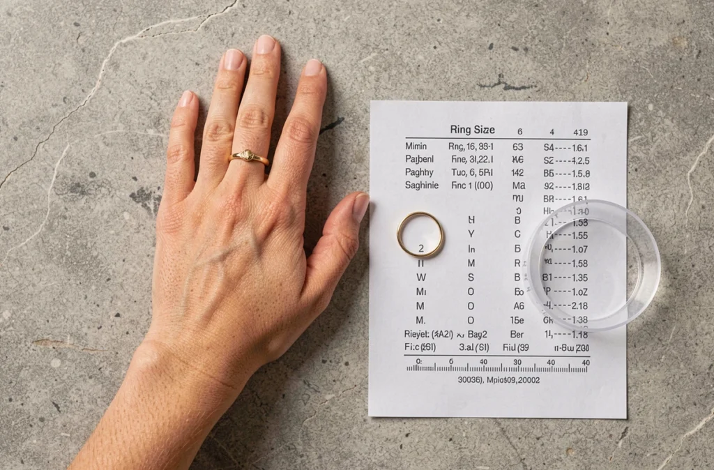 Tableau de correspondance des tailles de bagues avec un guide en plastique et une bague en or posés sur une surface en pierre grise