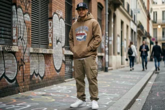 Jeune homme portant une casquette snapback et une tenue streetwear urbaine dans une rue pavée européenne