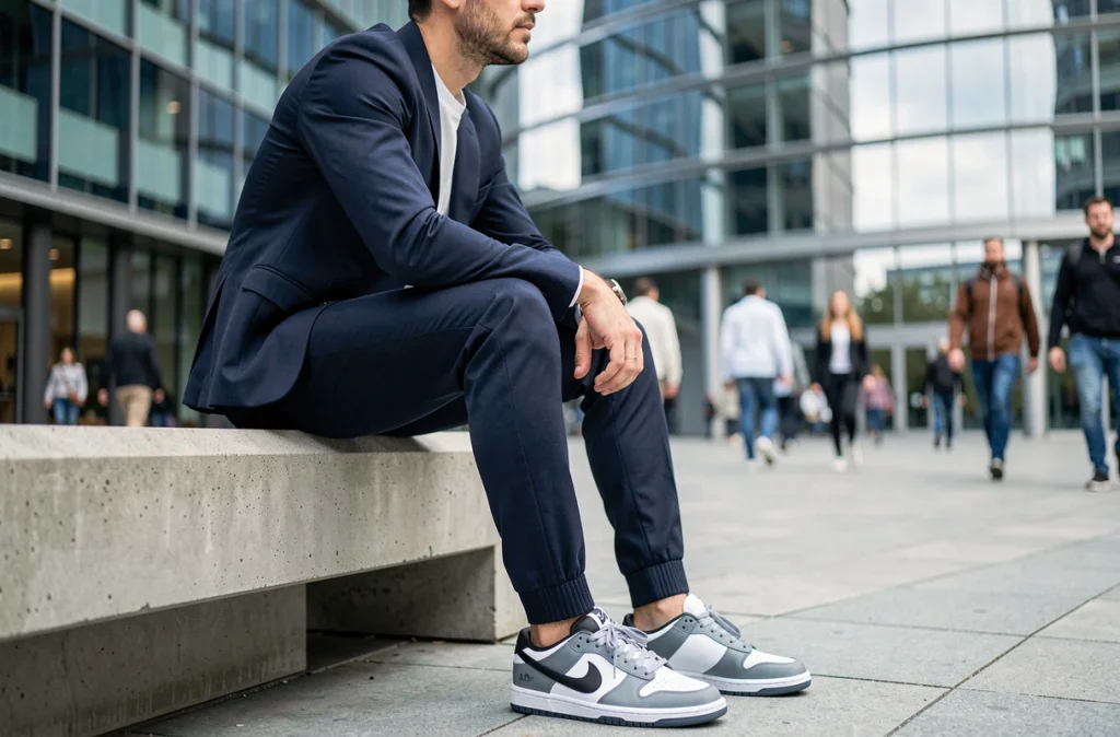 Homme en survêtement ajusté assis en ville avec des Nike Dunk Low grises et noires pour un style athleisure moderne