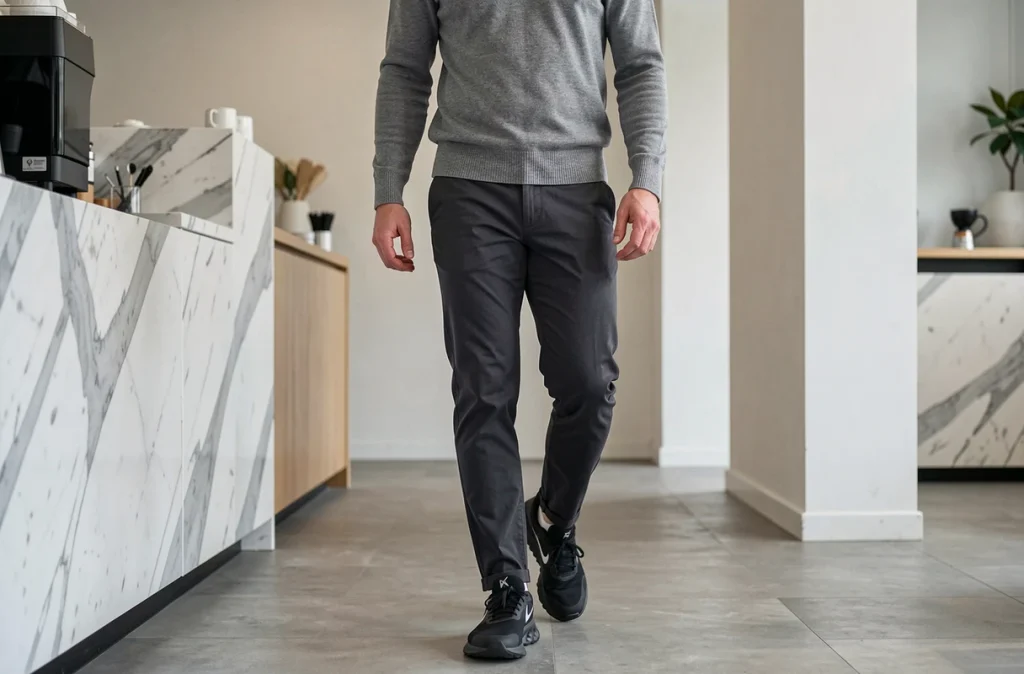 Homme en pull en laine grise et chino portant des Nike React noires dans un café moderne minimaliste