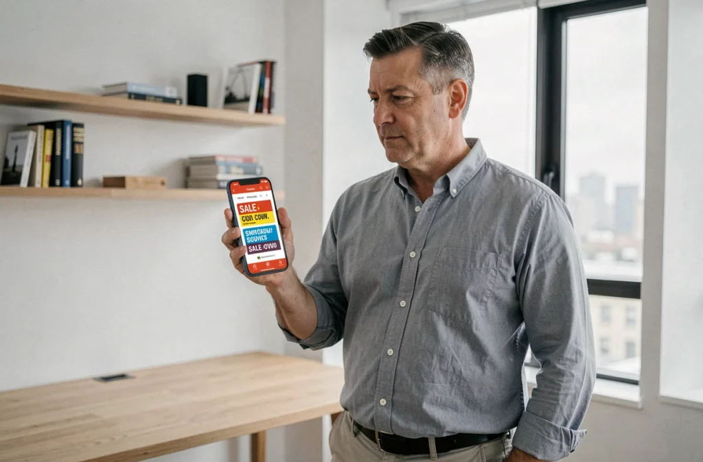 Homme vérifiant les dates des soldes 2026 sur une application d'achat en ligne depuis son smartphone au bureau