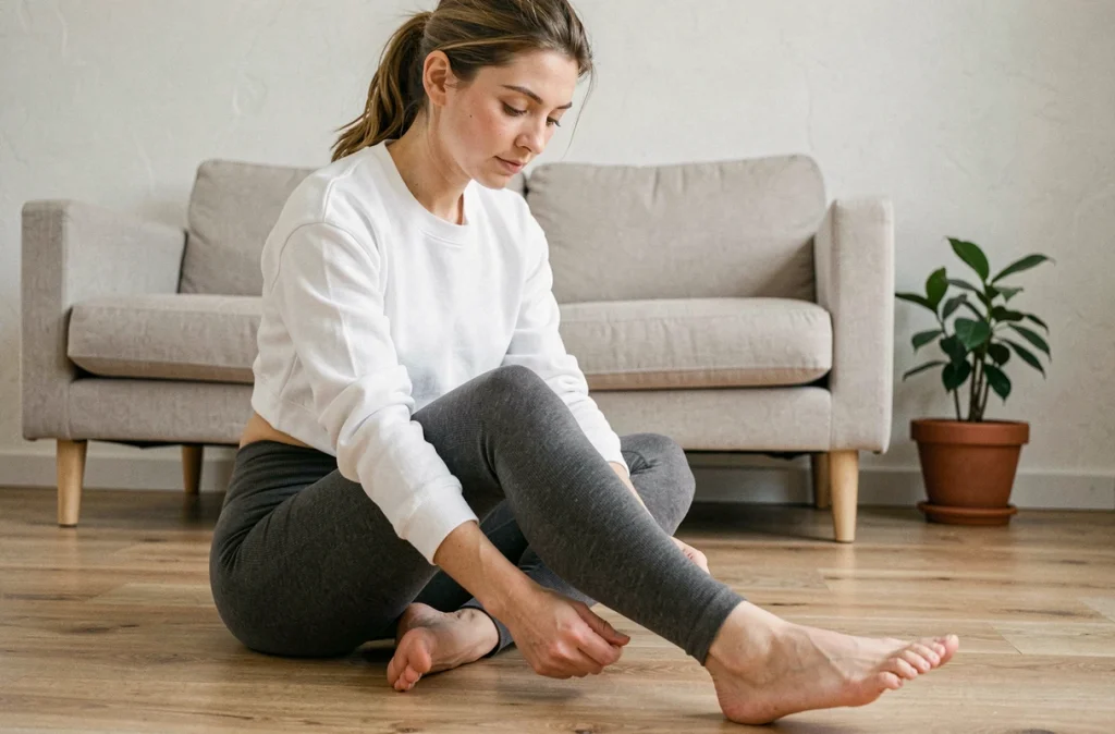 Femme assise au sol en leggings gris Leonie and co, inspectant la qualité du tissu dans un intérieur minimaliste