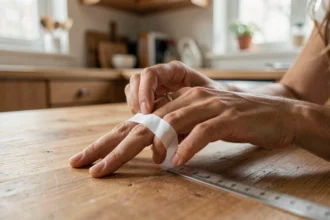 Femme mesurant son tour de doigt avec une bandelette de papier et une règle sur une table en bois