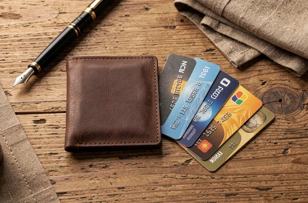 Flat lay d'un porte-cartes homme en cuir avec protection RFID posé sur un bureau en bois avec des cartes bancaires sans contact