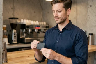 Homme élégant tenant un porte-cartes homme fin en cuir avec protection RFID dans un café moderne