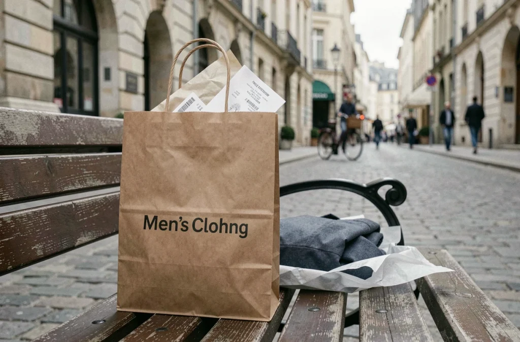 Sac d'achat celio posé sur un banc de ville de province, symbolisant l'expérience post-achat et les avis clients à Vichy