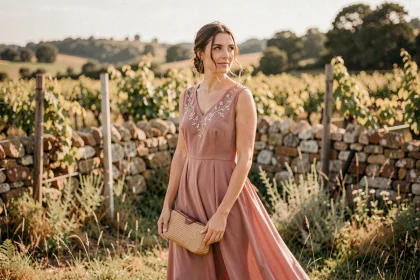 Femme invitée à un mariage bohème chic portant une robe midi fleurie en rose poudré dans un vignoble ensoleillé