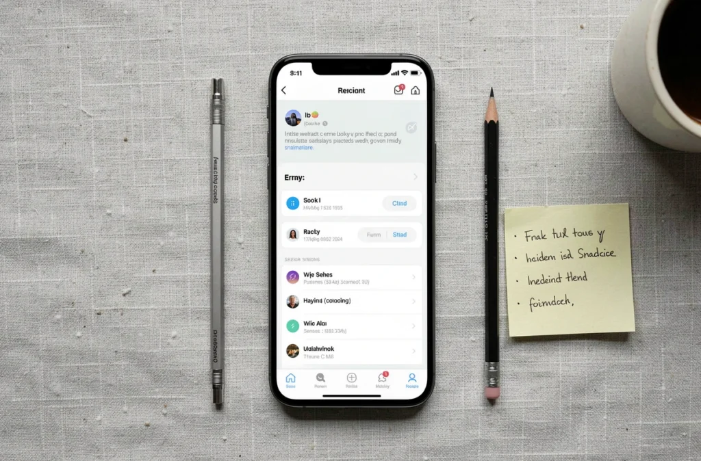 Vue overhead d'un smartphone affichant une interface d'application mobile avec notification d'erreur, test expérience utilisateur