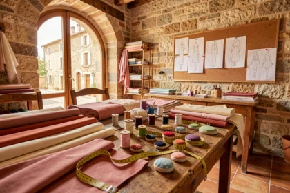 Atelier de couture provençal avec tissus colorés, table de travail et accessoires de couture dans les Bouches-du-Rhône