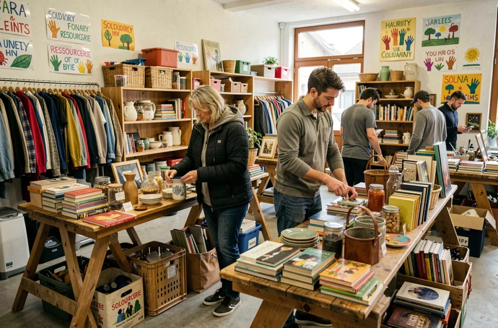 Clients parcourant les articles de la ressourcerie solidaire Bazar Sans Frontières à Annecy
