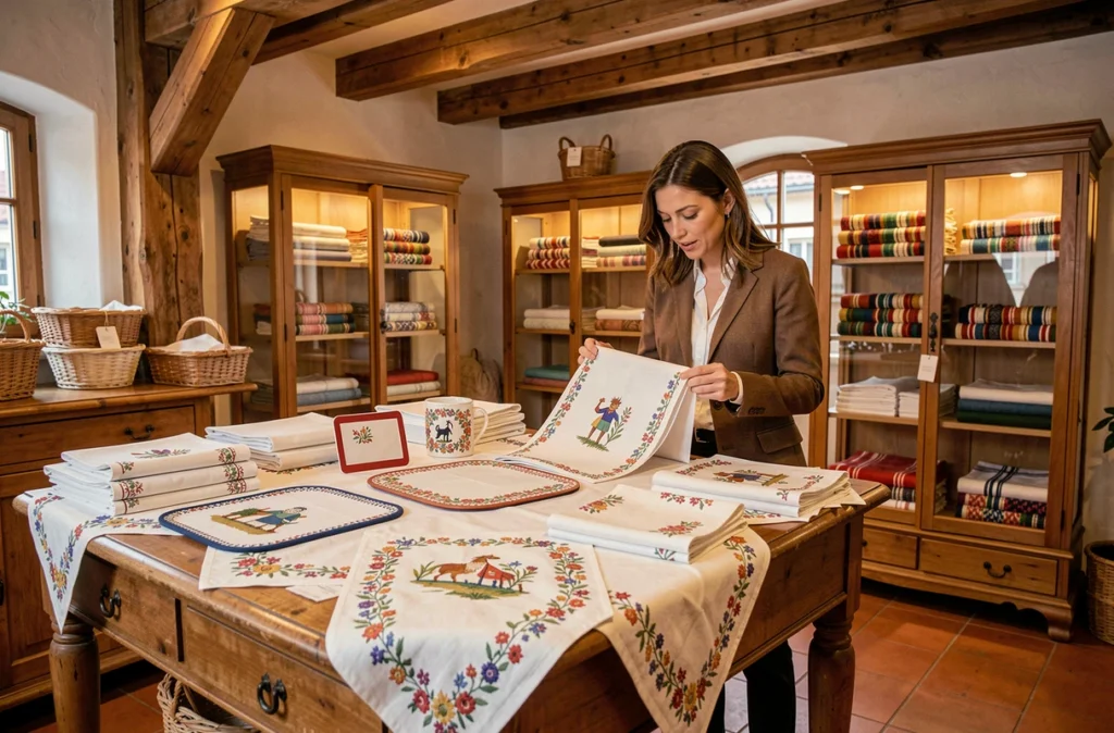 Boutique Beauvillé à Ribeauvillé avec nappes et linge de table alsacien traditionnel brodé