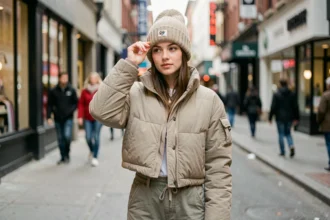 Jeune femme portant un bonnet Y2K chunky et une veste puffer dans une rue urbaine animée