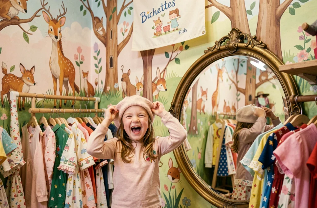 Boutique Bichettes Kids à Paris avec des murales illustrées et une fillette qui essaie un béret devant un miroir