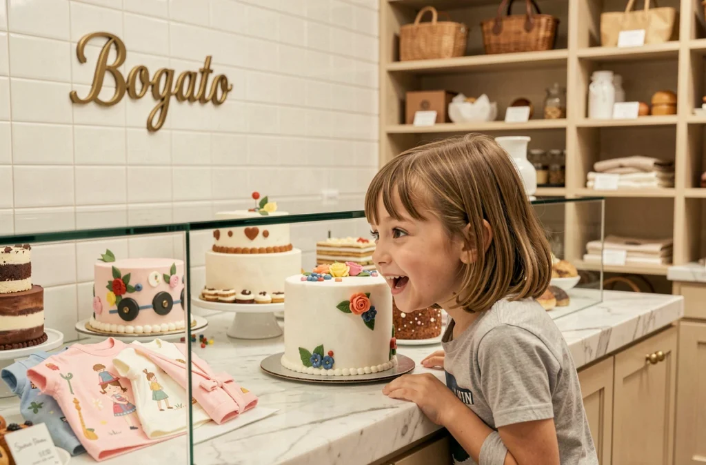 Boutique Bogato à Paris avec des gâteaux décorés sur un comptoir en marbre et une fillette admirant une vitrine