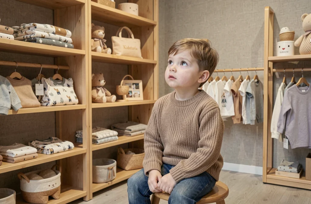 Boutique Kidstorie à Paris avec un intérieur scandinave et un petit garçon en pull en maille sur un tabouret