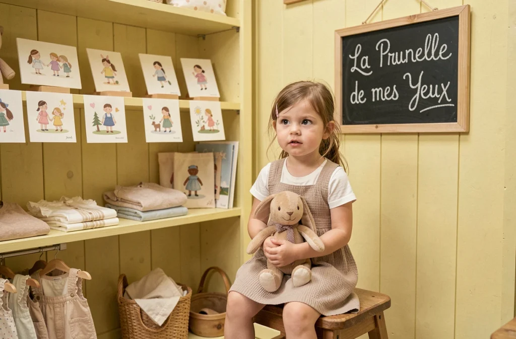 Boutique La Prunelle de mes Yeux à Paris avec une petite fille assise sur un tabouret tenant un lapin en peluche