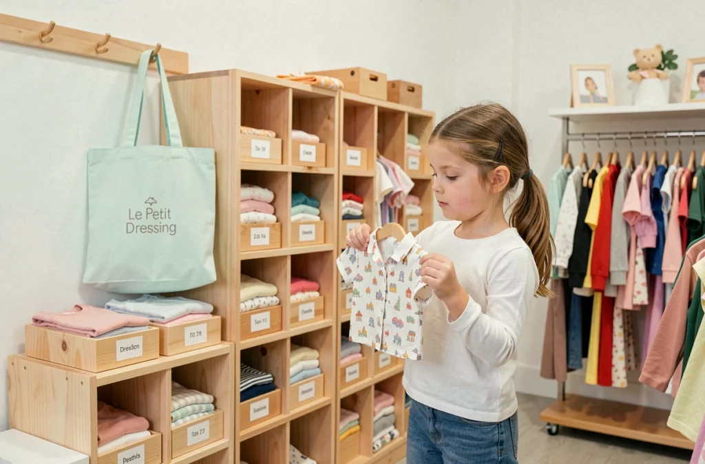 Boutique Le Petit Dressing à Paris avec des vêtements d'occasion bien rangés et une fillette examinant un chemisier