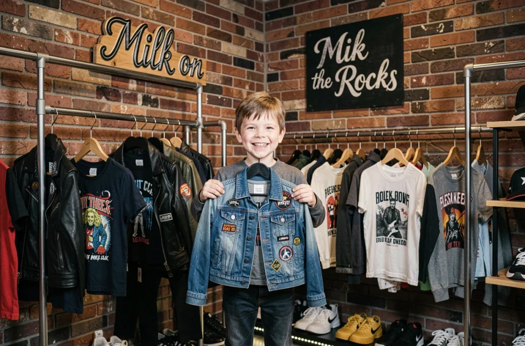 Boutique Milk on the Rocks à Paris avec des vêtements rock pour enfants et un garçon tenant une veste en jean