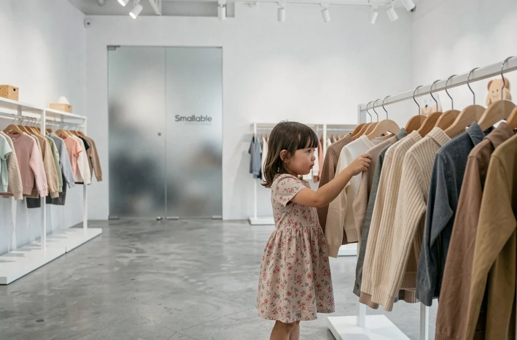 Boutique Smallable à Paris avec un intérieur minimaliste et des vêtements design pour enfants