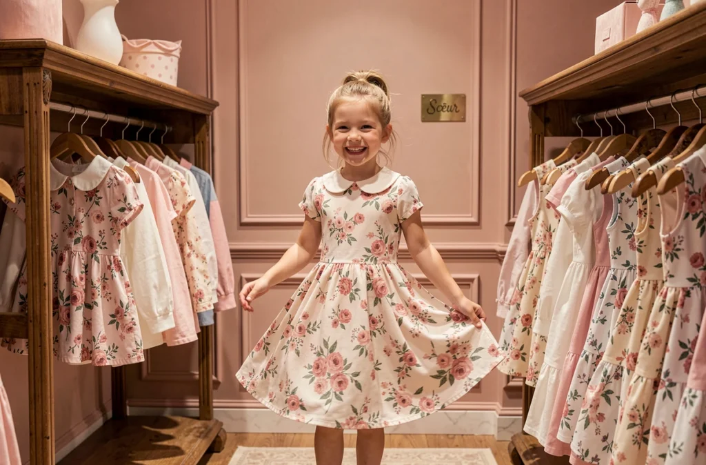 Boutique Sœur à Paris avec des robes florales pour filles et une petite fille qui tournoie dans une robe