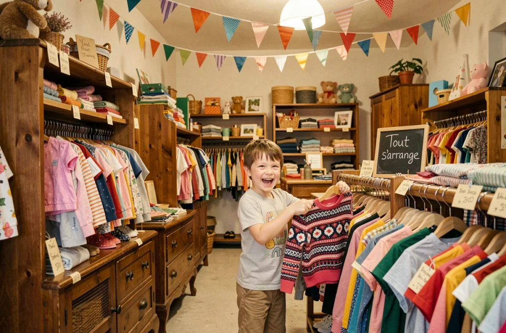 Boutique Tout s'arrange à Paris avec des vêtements d'occasion pour enfants et un garçon fouillant dans un portant