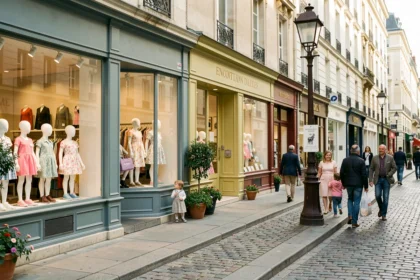 Rue parisienne avec des vitrines de boutiques de vêtements pour enfants colorées et des familles qui se promènent