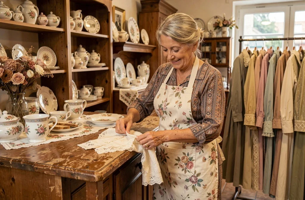 Commerçante chaleureuse dans la boutique vintage Chez Mémé à Thonon-les-Bains, pliant un gilet en dentelle
