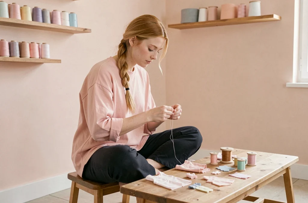 Jeune couturière cousant à la main de petits détails de vêtements dans un atelier pastel à Aix-en-Provence