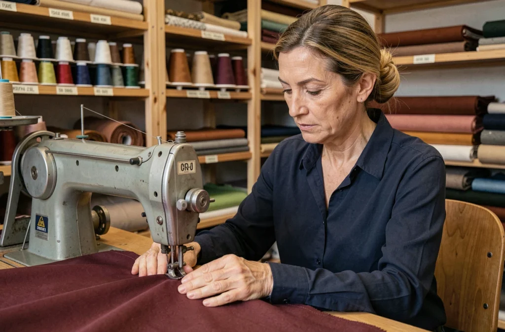 Couturière professionnelle cousant sur une machine industrielle dans un atelier des Bouches-du-Rhône